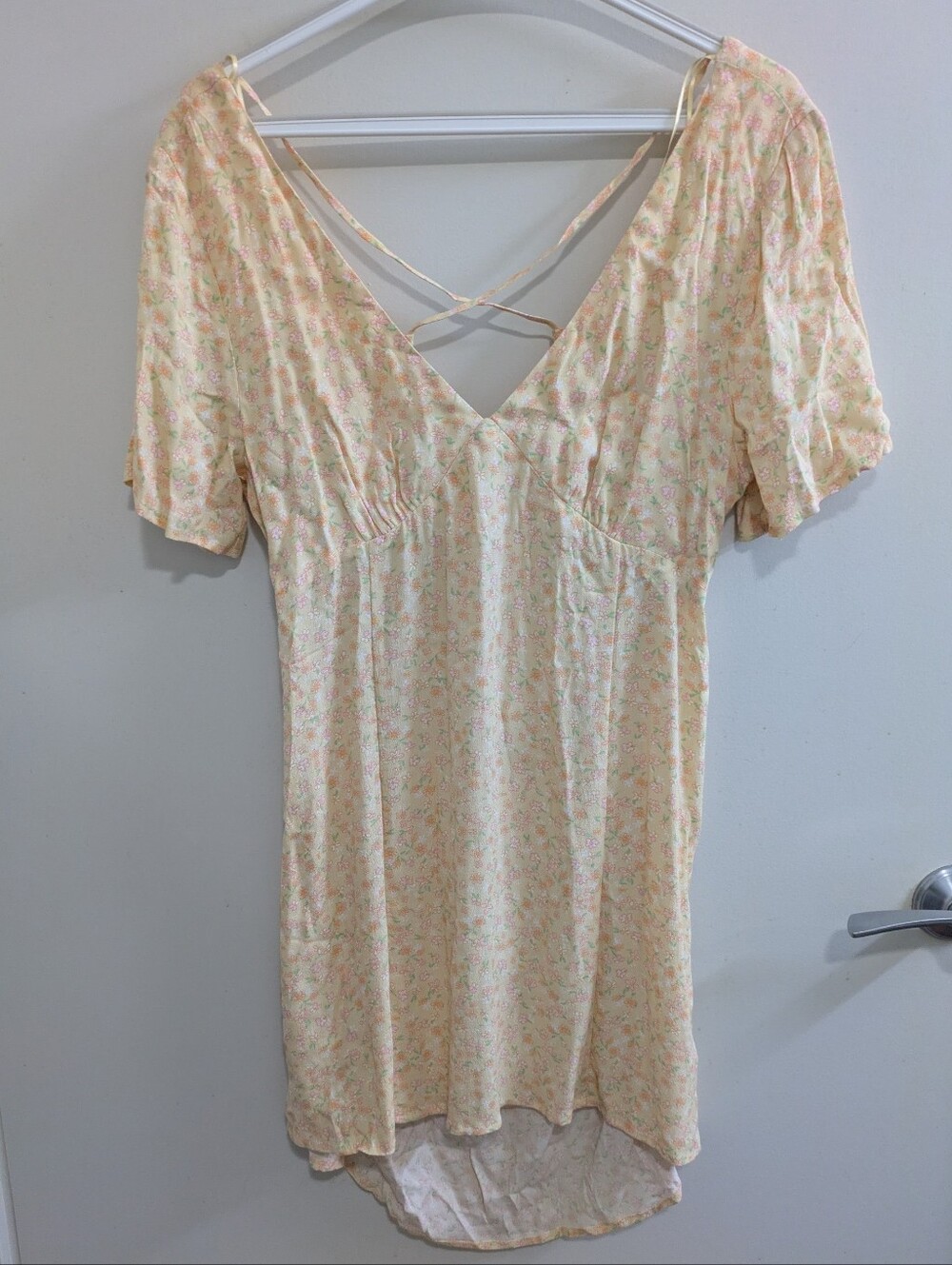 Elodi Yellow Floral Open Back Mini Dress XL Cottagecore Puff Sleeve NWT